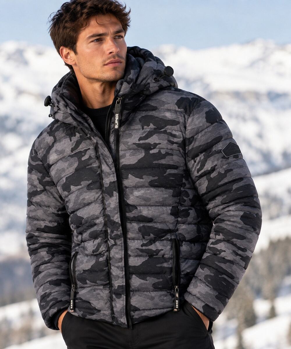 Superdry Gray Black Camo Hooded Puffer Jacket Quilted Zip Coat Men’s XL Gorpcore